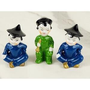 Asian Chinese Boys Musician Figurines 3" Porcelain 80s Green Blue x3 Japan